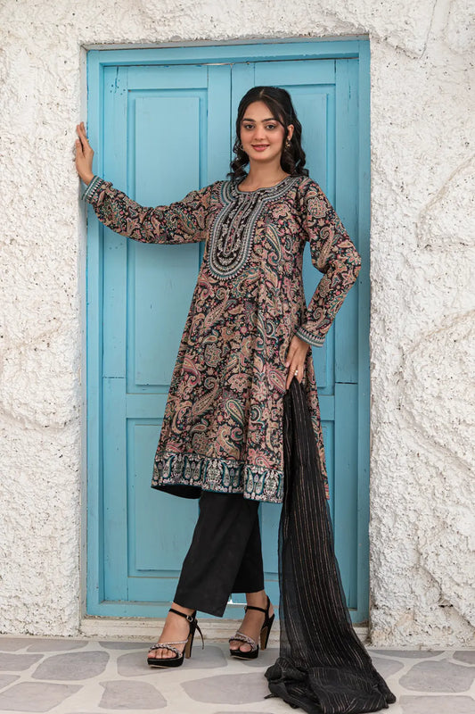 Black Embroidered Cotton Lawn Short Frock 3 Piece Suit T-ALP-EMB-021