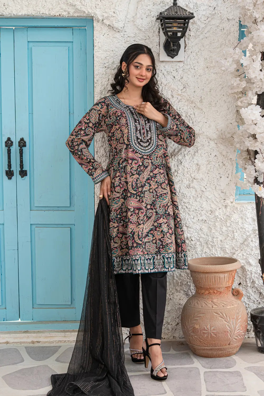 Black Embroidered Cotton Lawn Short Frock 3 Piece Suit T-ALP-EMB-021