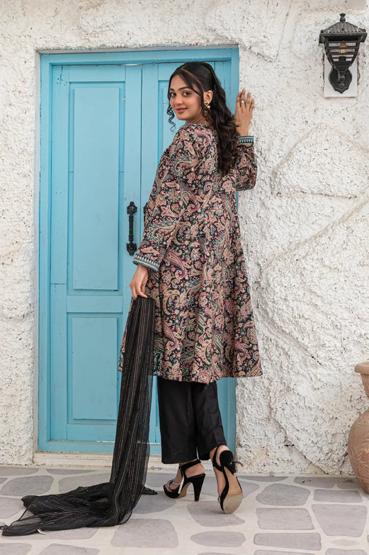 Black Embroidered Cotton Lawn Short Frock 3 Piece Suit T-ALP-EMB-021