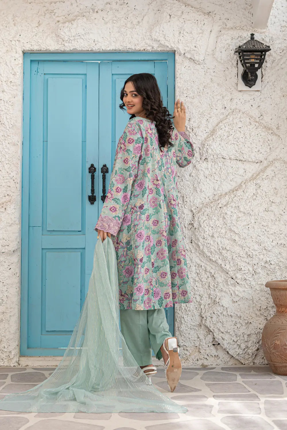 Mint Green Embroidered Cotton Lawn Panel Frock 3 Piece Suit T-ALP-EMB-022