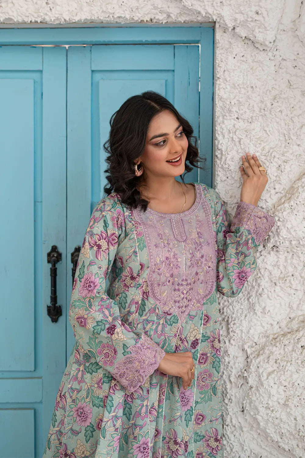 Mint Green Embroidered Cotton Lawn Panel Frock 3 Piece Suit T-ALP-EMB-022