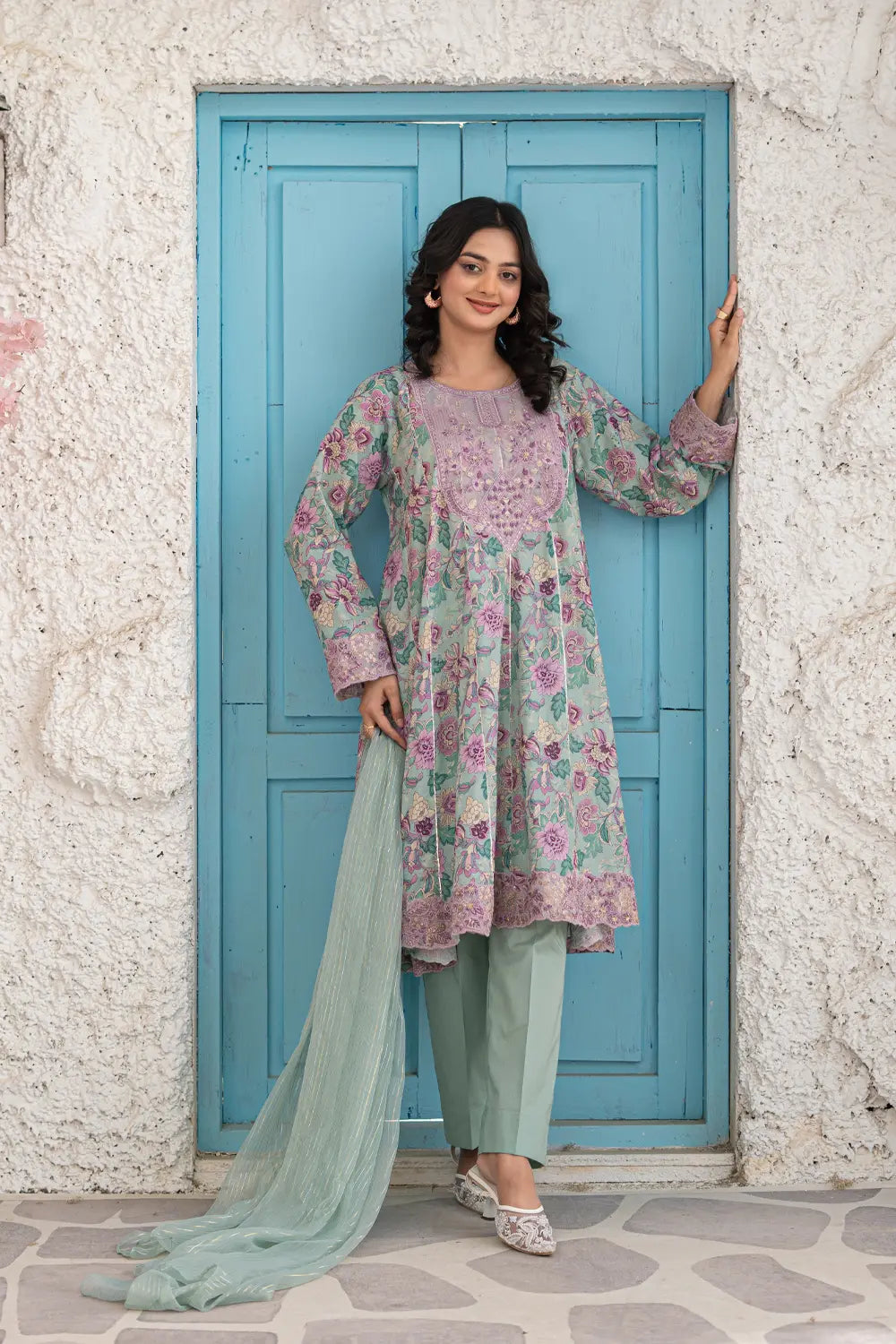Mint Green Embroidered Cotton Lawn Panel Frock 3 Piece Suit T-ALP-EMB-022