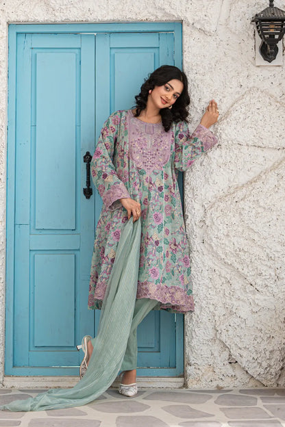Mint Green Embroidered Cotton Lawn Panel Frock 3 Piece Suit T-ALP-EMB-022