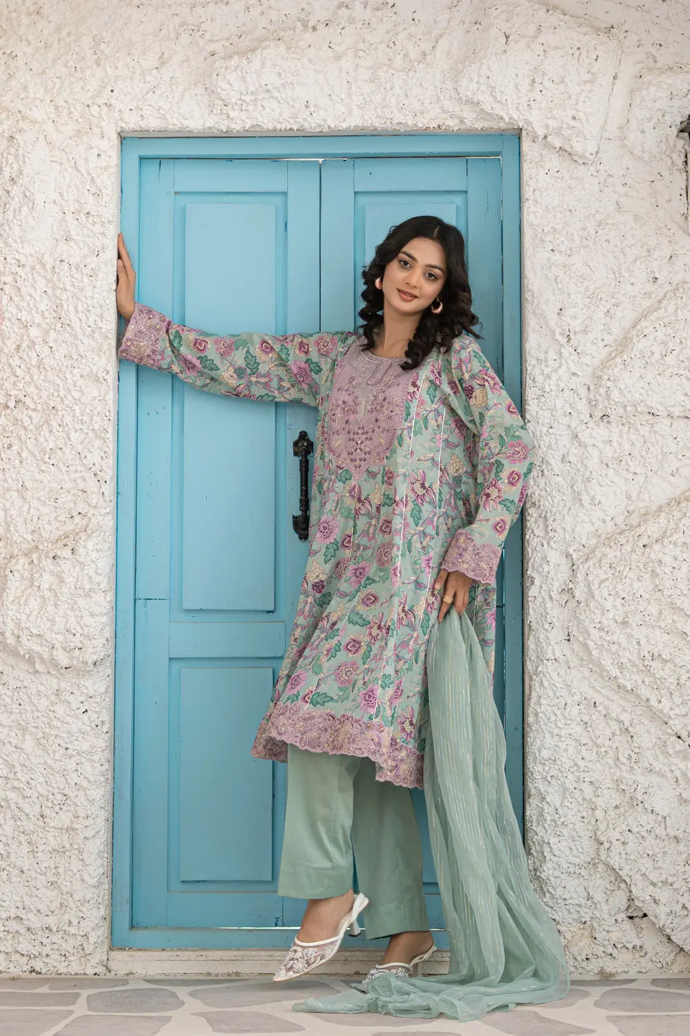 Mint Green Embroidered Cotton Lawn Panel Frock 3 Piece Suit T-ALP-EMB-022