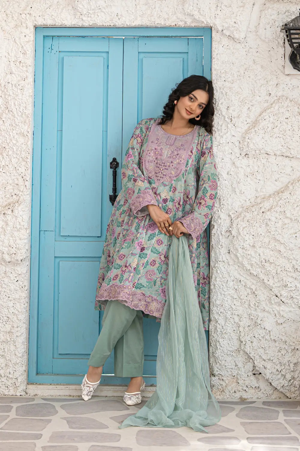 Mint Green Embroidered Cotton Lawn Panel Frock 3 Piece Suit T-ALP-EMB-022