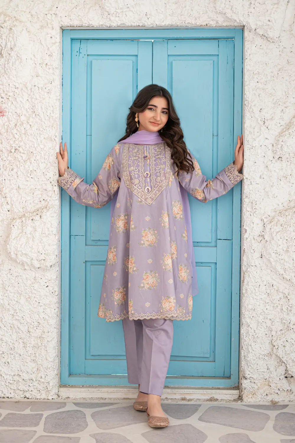 Lilac Embroidered Cotton Lawn Tunic Trouser 3 Piece Set T-ALP-EMB-023