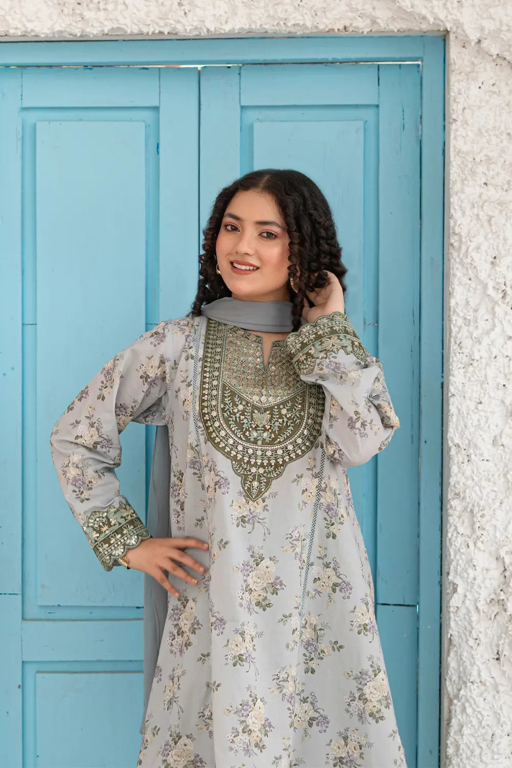 Light Grey Embroidered Cotton Lawn 3 Piece Flared Suit T-ALP-EMB-024
