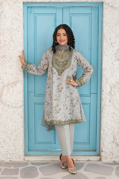 Light Grey Embroidered Cotton Lawn 3 Piece Flared Suit T-ALP-EMB-024