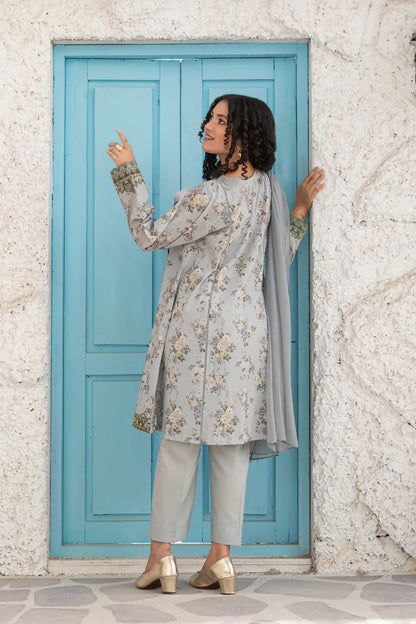 Light Grey Embroidered Cotton Lawn 3 Piece Flared Suit T-ALP-EMB-024