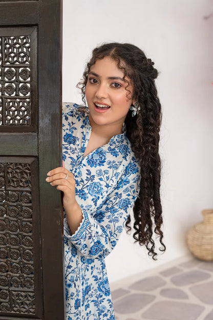 White Blue Printed Cotton Lawn Panel Tunic Shalwar 2 Piece Set T-ALP-S26-013