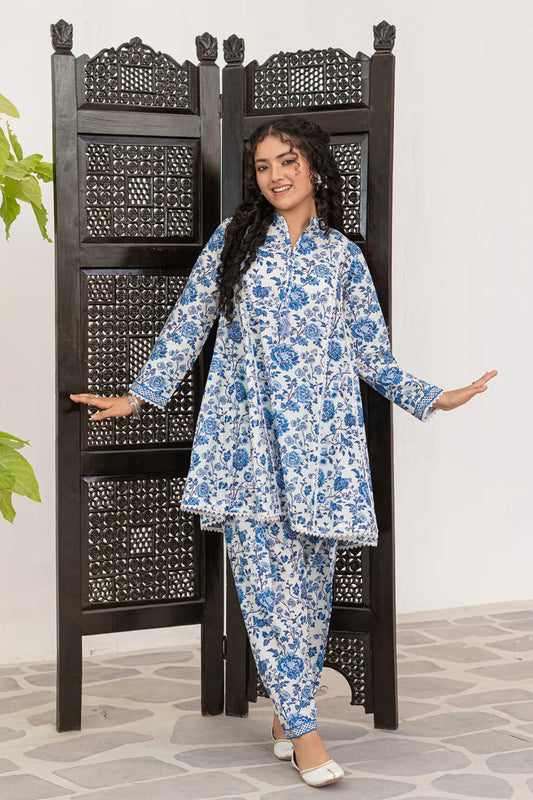 White Blue Printed Cotton Lawn Panel Tunic Shalwar 2 Piece Set T-ALP-S26-013