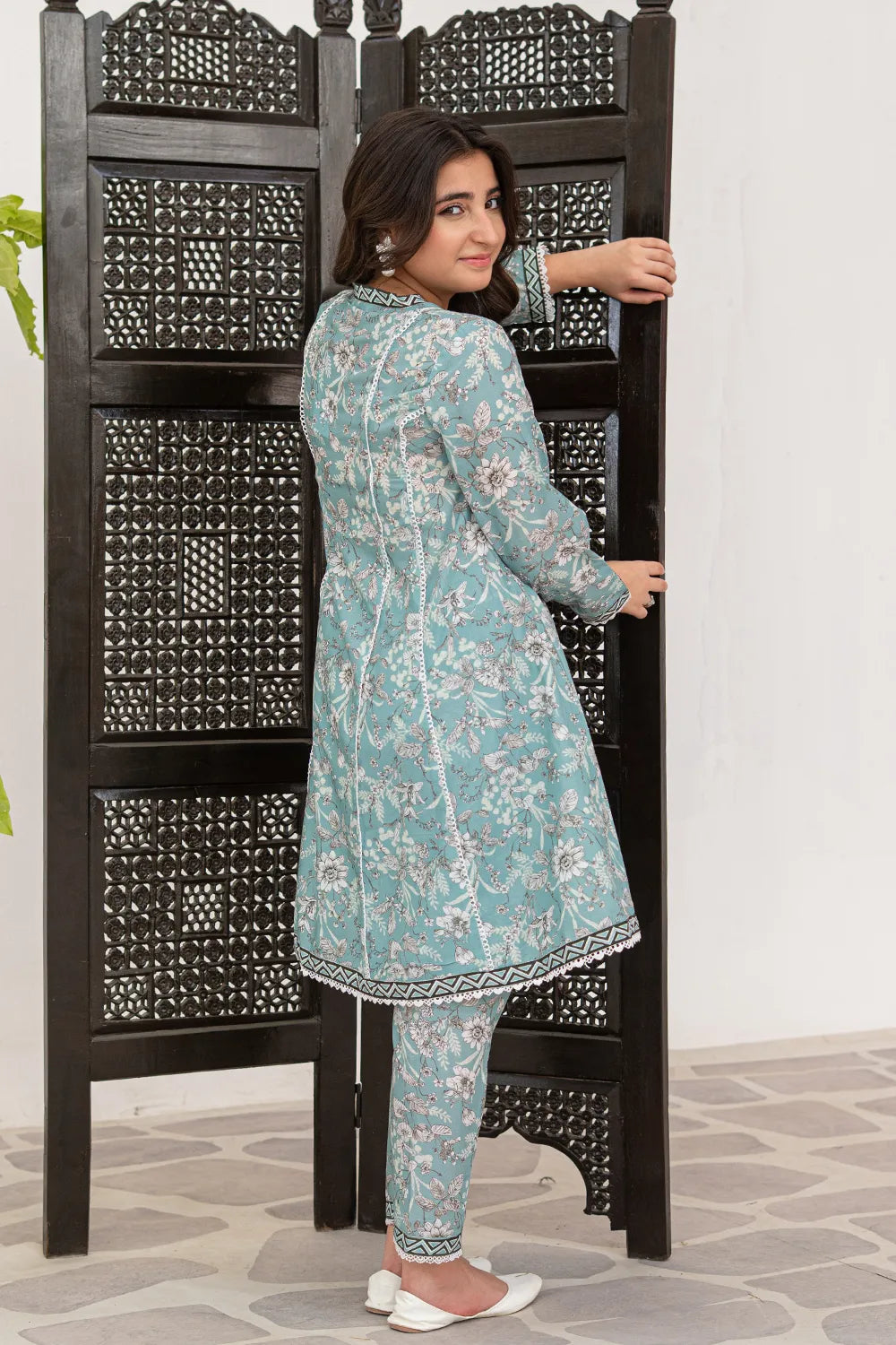 Soft Seafoam Printed Cotton Lawn Tail Top Trouser 2 Piece Set T-ALP-S26-014