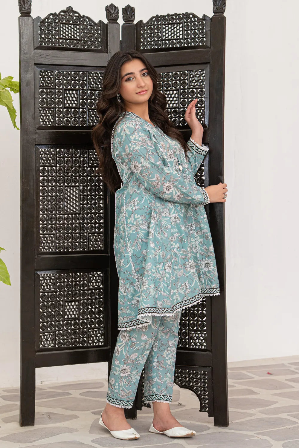 Soft Seafoam Printed Cotton Lawn Tail Top Trouser 2 Piece Set T-ALP-S26-014
