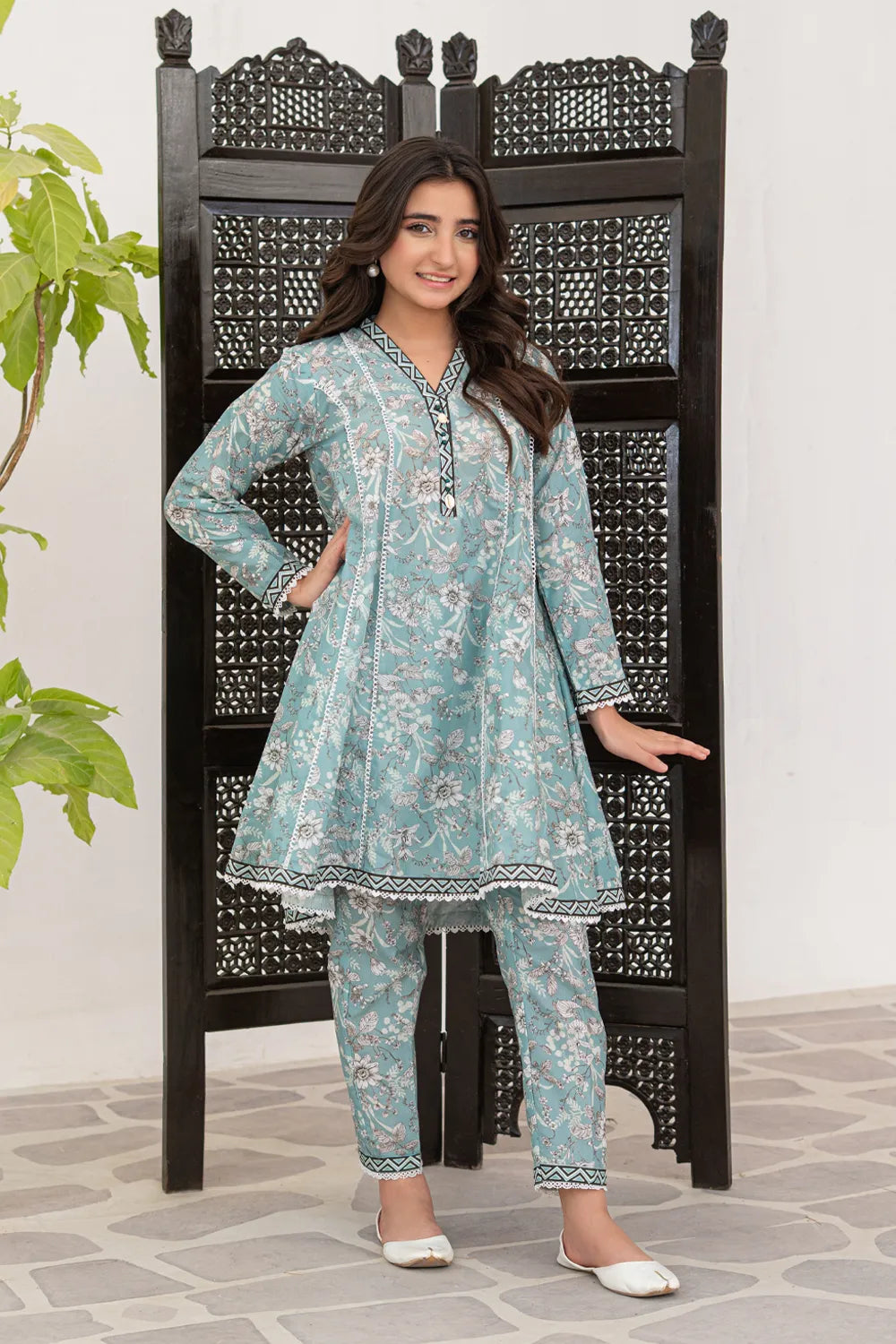 Soft Seafoam Printed Cotton Lawn Tail Top Trouser 2 Piece Set T-ALP-S26-014