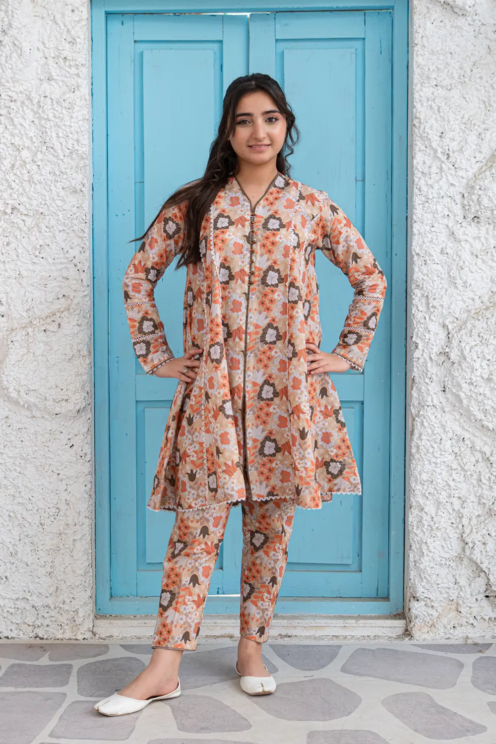 Peach Beige Printed Cotton Lawn Panel Frock Trouser 2 Piece Set T-ALP-S26-015