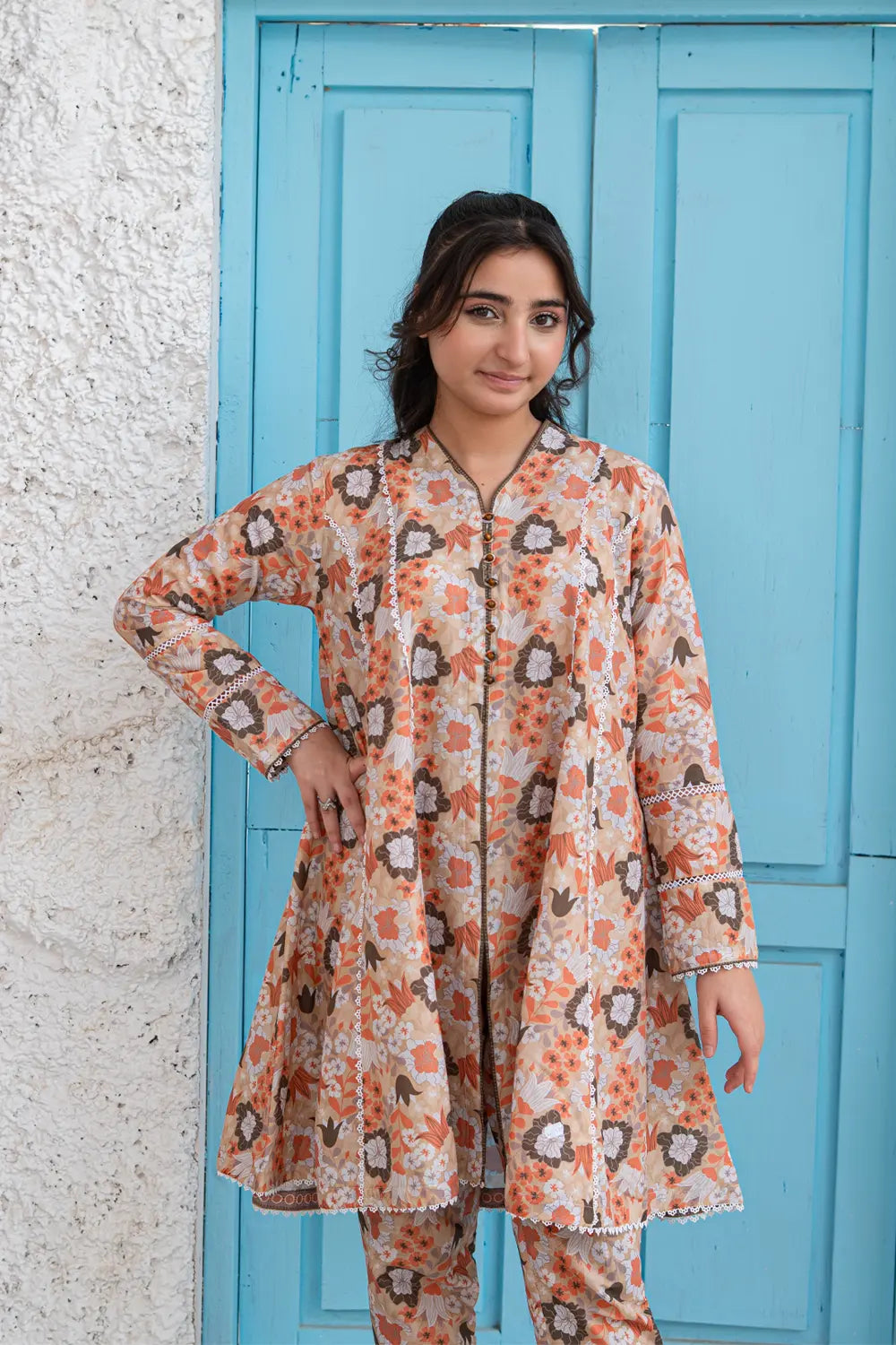 Peach Beige Printed Cotton Lawn Panel Frock Trouser 2 Piece Set T-ALP-S26-015