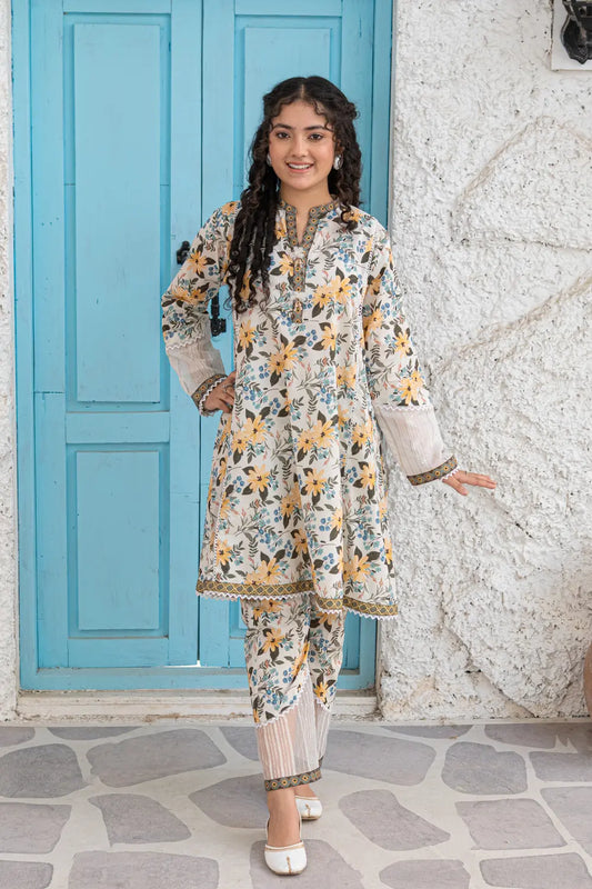Yellowish Cream Printed Cotton Lawn Tunic Top 2 Piece Set T-ALP-S26-016