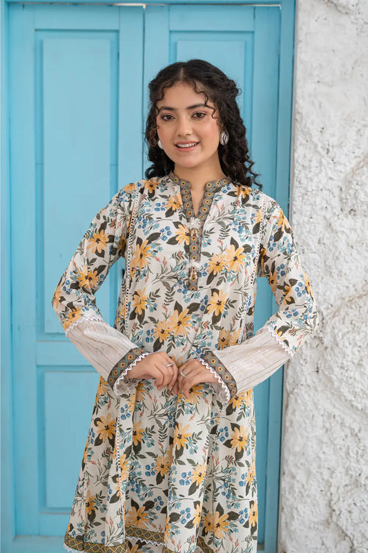 Yellowish Cream Printed Cotton Lawn Tunic Top 2 Piece Set T-ALP-S26-016