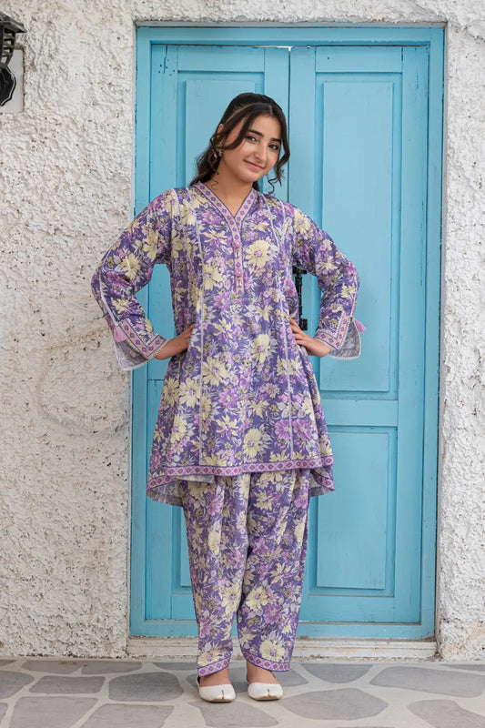 Lavender Printed Cotton Lawn Top Shalwar 2 Piece Set T-ALP-S26-017