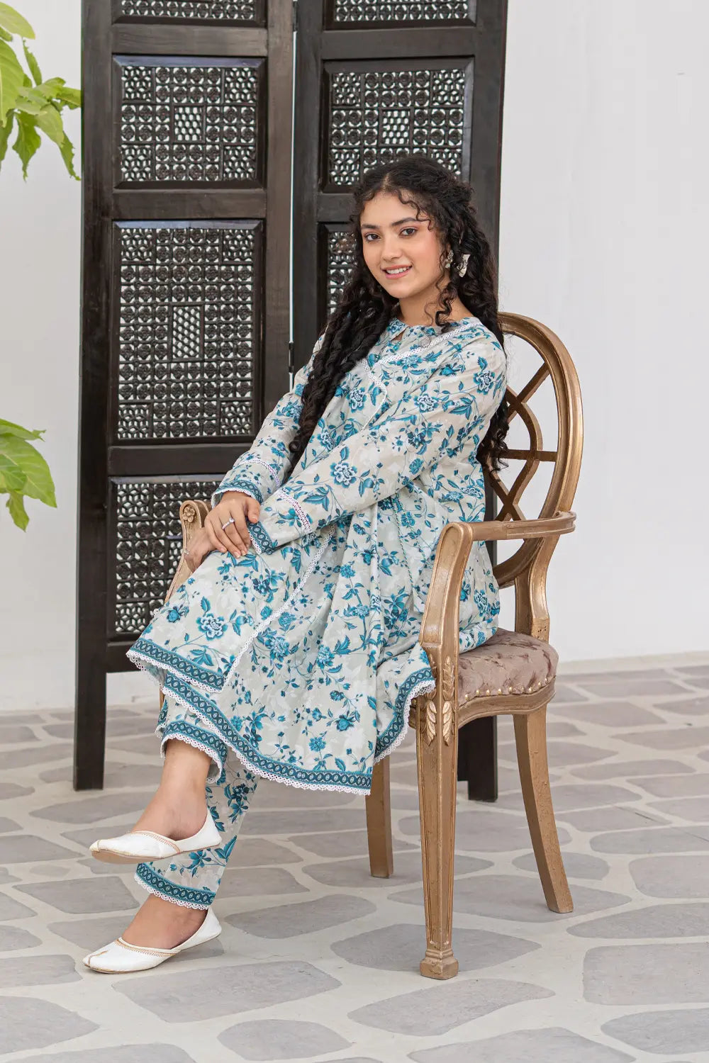 Blue Floral Printed Cotton Lawn Angrakha Frock 2 Piece Set T-ALP-S26-018