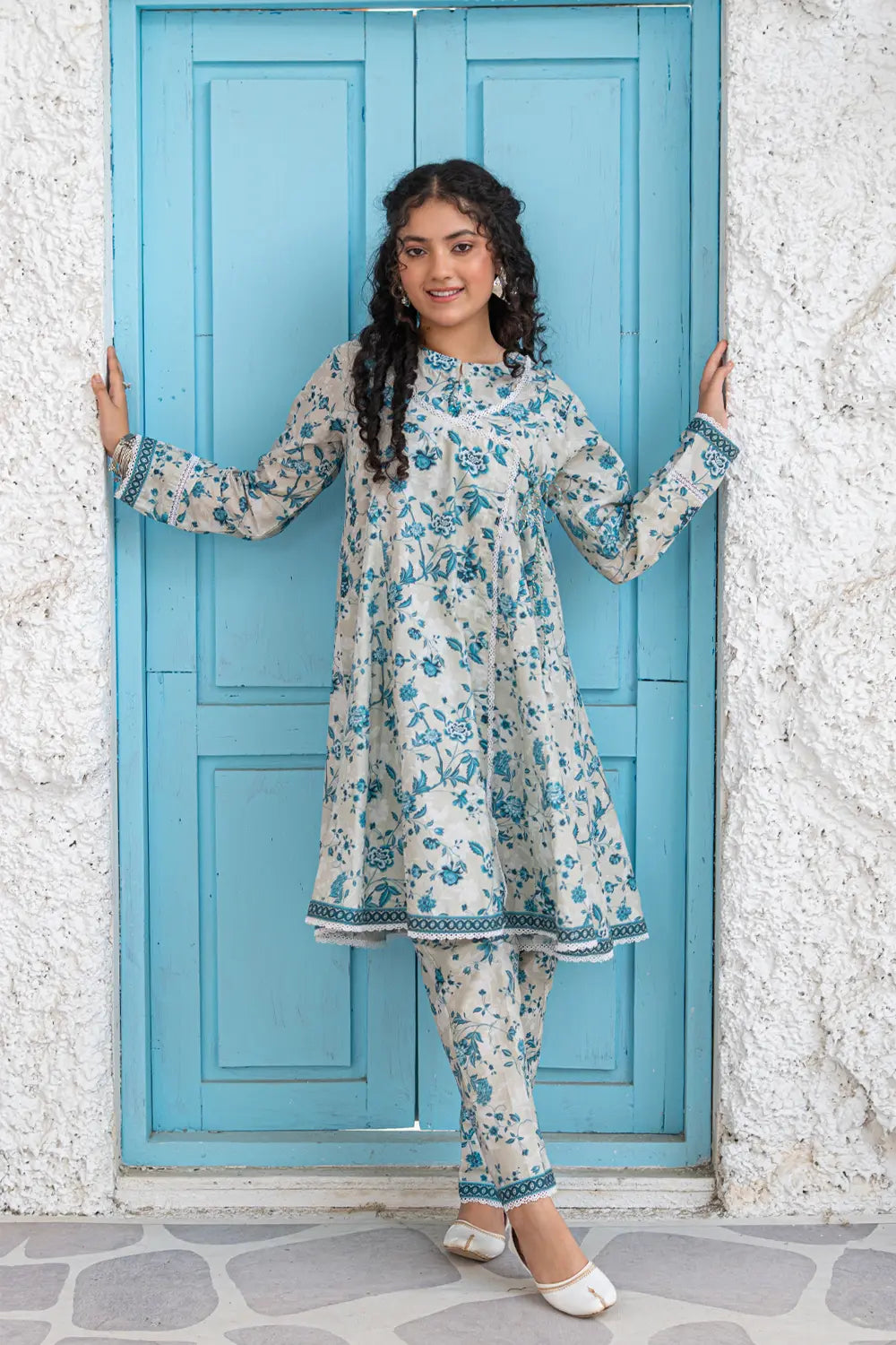 Blue Floral Printed Cotton Lawn Angrakha Frock 2 Piece Set T-ALP-S26-018