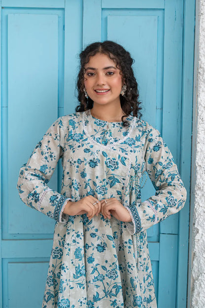 Blue Floral Printed Cotton Lawn Angrakha Frock 2 Piece Set T-ALP-S26-018