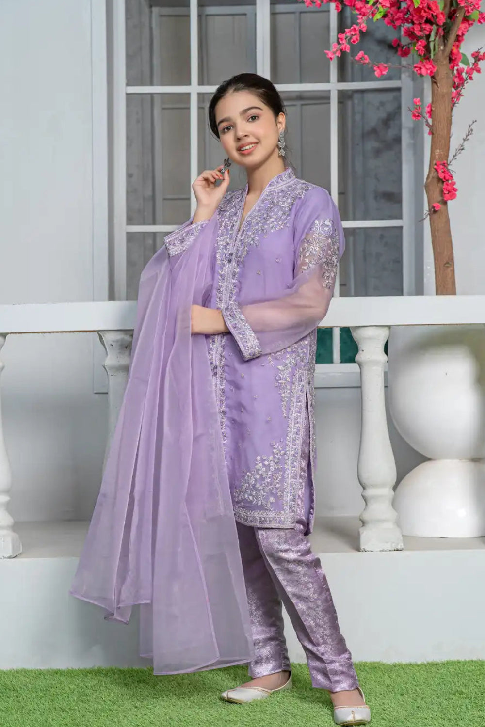 3 Piece Shirt with Banarsi Trouser Pale Lilac Embroidered T-FORT-001