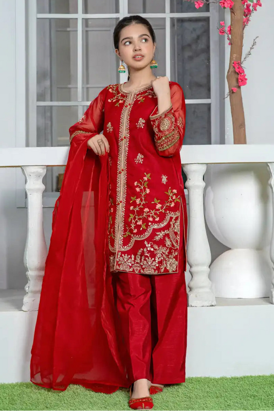 3 Piece Red Embroidered Organza Shirt with Elegant Trouser T-FORT-002