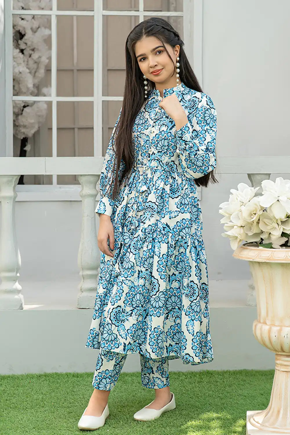 2 Piece Maxi White & Blue Digital Printed Silk Maxi Dress T-FRK-002