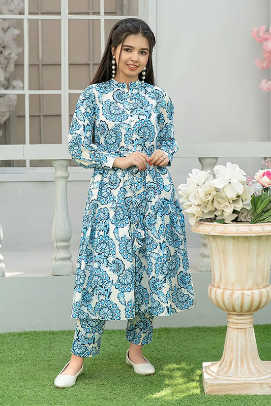 2 Piece Maxi White & Blue Digital Printed Silk Maxi Dress T-FRK-002