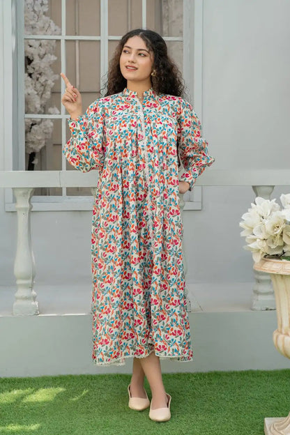 1 Piece Maxi Beige Printed Dress with Lace Detailing T-FRK-012