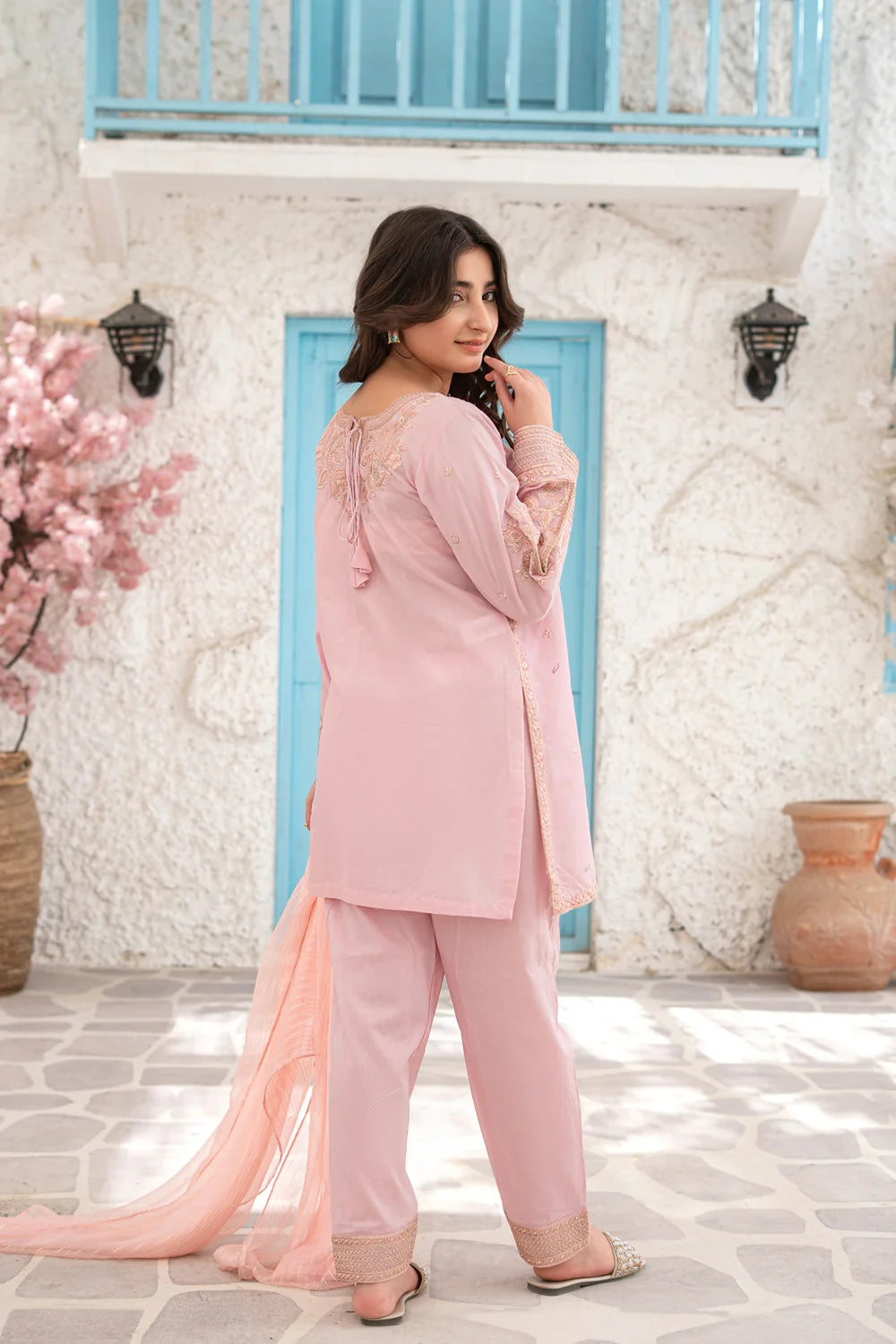 Soft Pink Embroidered Cotton Kurta Trouser Dupatta 3 Piece Set T-SFC-S26-006