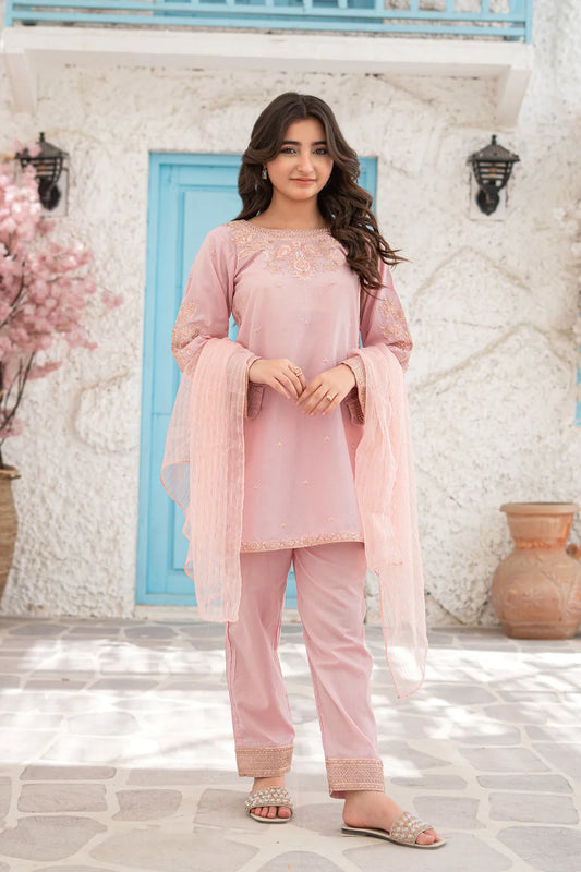 Soft Pink Embroidered Cotton Kurta Trouser Dupatta 3 Piece Set T-SFC-S26-006