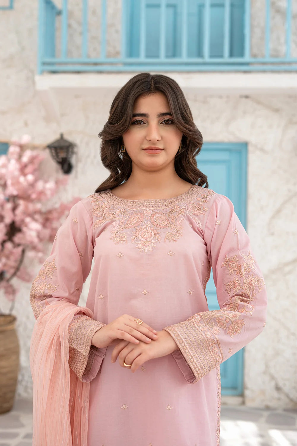 Soft Pink Embroidered Cotton Kurta Trouser Dupatta 3 Piece Set T-SFC-S26-006