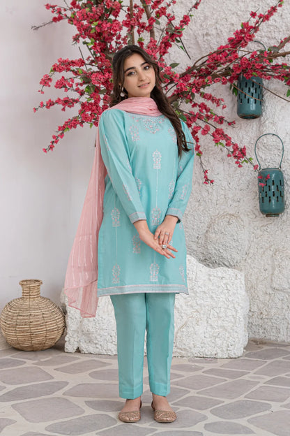 Aqua Blue Embroidered Cotton Shirt Straight Trouser 3 Piece Set T-SFC-S26-007
