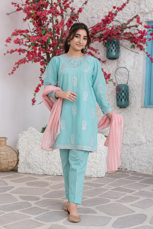 Aqua Blue Embroidered Cotton Shirt Straight Trouser 3 Piece Set T-SFC-S26-007