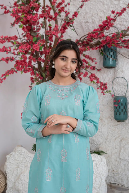 Aqua Blue Embroidered Cotton Shirt Straight Trouser 3 Piece Set T-SFC-S26-007