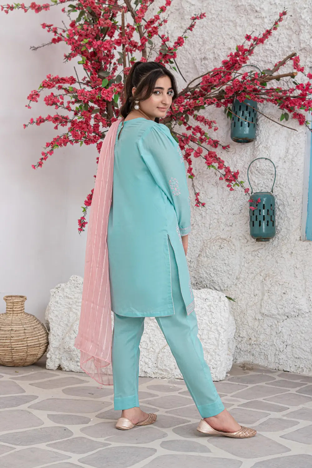 Aqua Blue Embroidered Cotton Shirt Straight Trouser 3 Piece Set T-SFC-S26-007