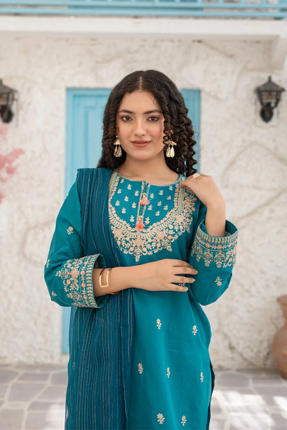 Teal Blue Embroidered Cotton Kurti Farshi Shalwar 3 Piece Set T-SFC-S26-010