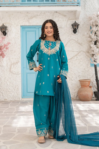 Teal Blue Embroidered Cotton Kurti Farshi Shalwar 3 Piece Set T-SFC-S26-010