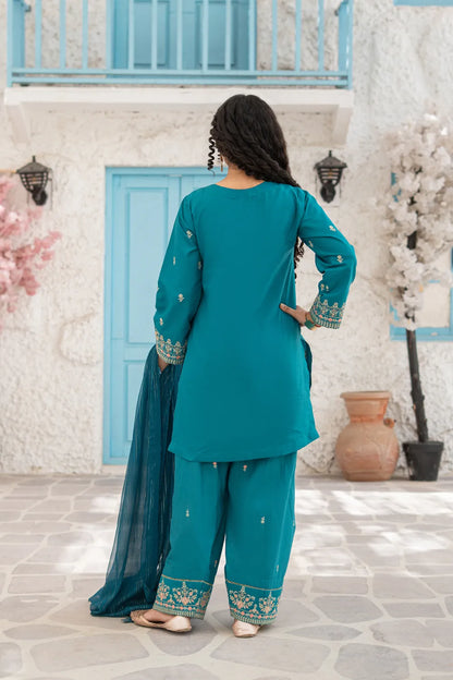 Teal Blue Embroidered Cotton Kurti Farshi Shalwar 3 Piece Set T-SFC-S26-010
