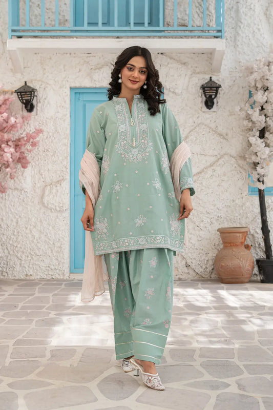 Mint Green Embroidered Cotton Short Kurta Farshi Shalwar 3 Piece Set T-SFC-S26-011