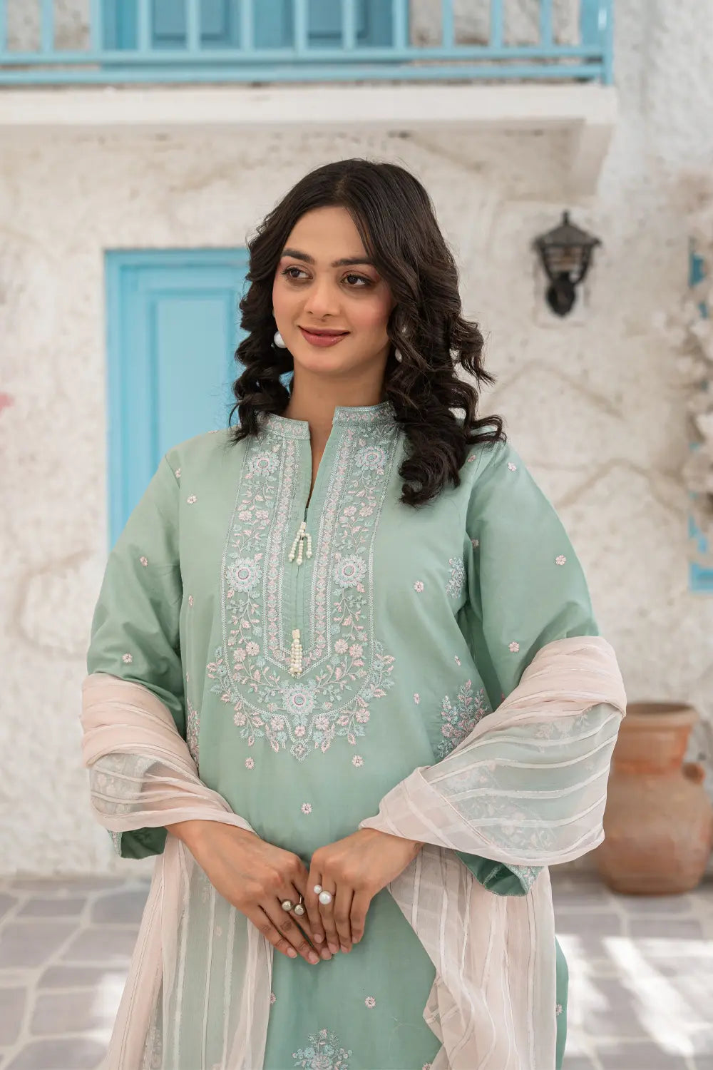 Mint Green Embroidered Cotton Short Kurta Farshi Shalwar 3 Piece Set T-SFC-S26-011