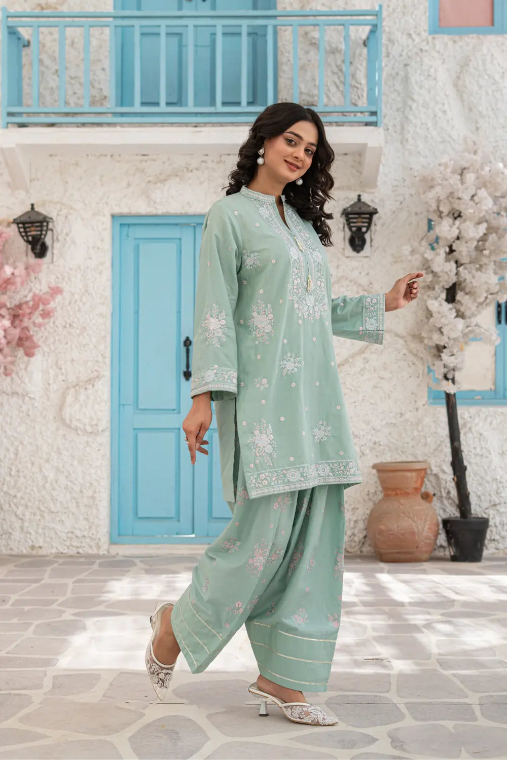 Mint Green Embroidered Cotton Short Kurta Farshi Shalwar 3 Piece Set T-SFC-S26-011