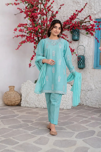 Aqua Blue Embroidered Cotton Shirt Straight Trouser 3 Piece Set T-SFC-S26-007