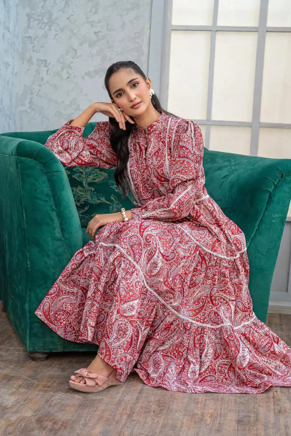 1 Piece Maxi Digital Printed Dress Red Cambric Cotton T-R-MAXI-015